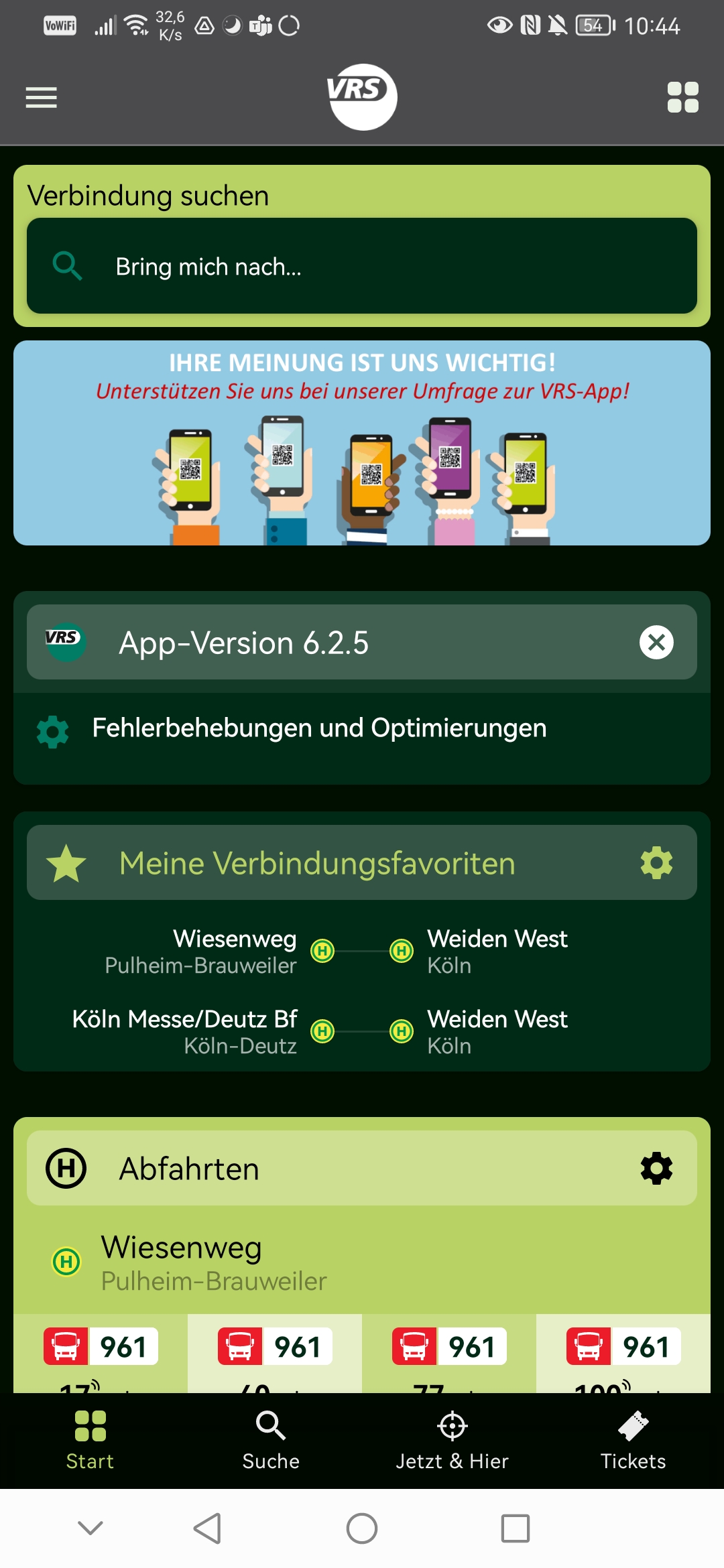 Displayansicht VRS-App Dashboard mit Umfrage-Teaser