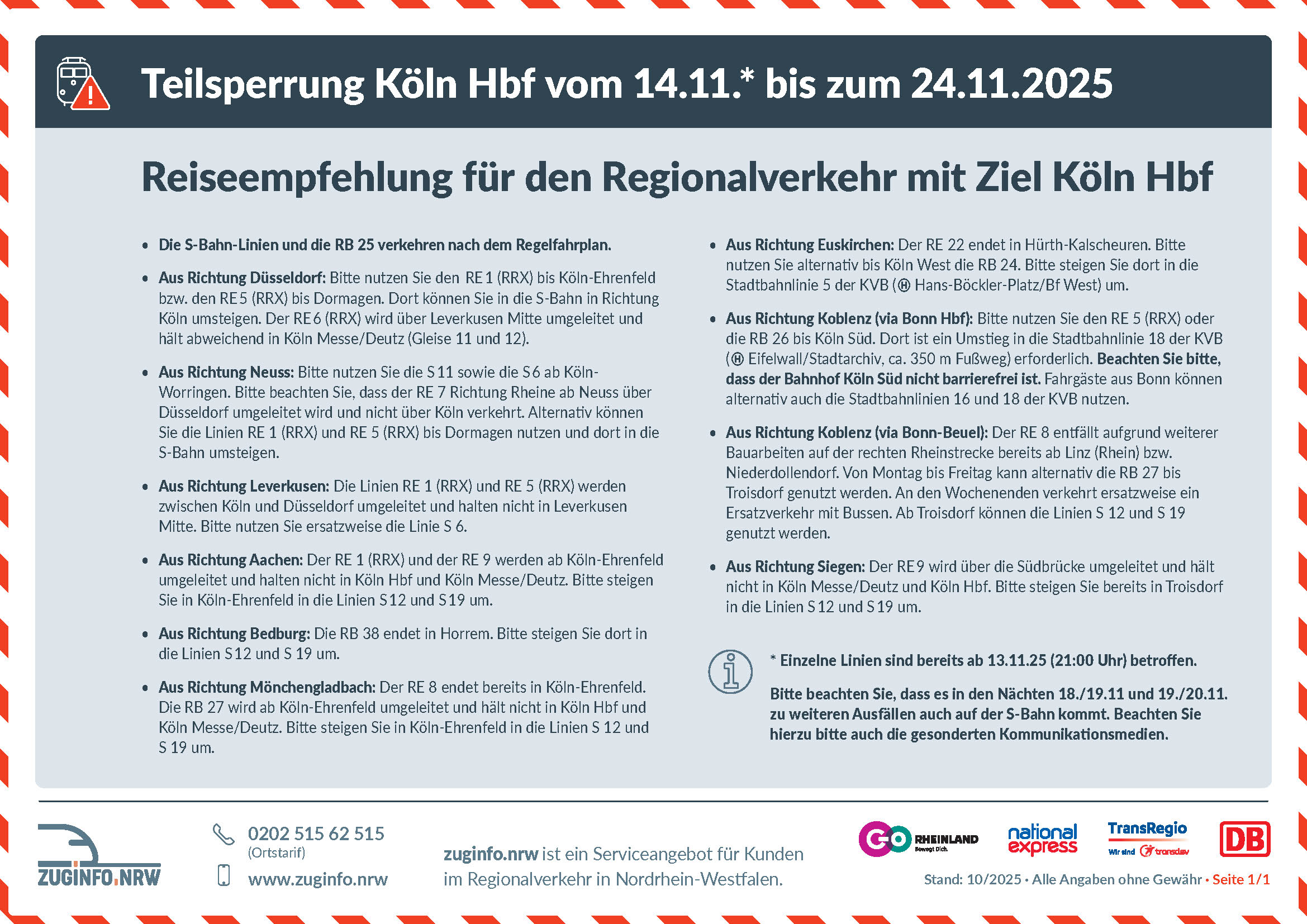 Reiseempfehlungen während der Baumaßnahme "Inbetriebnahme des Elektronischen Stellwerks Köln Hbf" vom 13. bis 24. November 2025 Reiseempfehlungen während der Baumaßnahme "Inbetriebnahme des Elektronischen Stellwerks Köln Hbf" vom 13. bis 24. November 2025