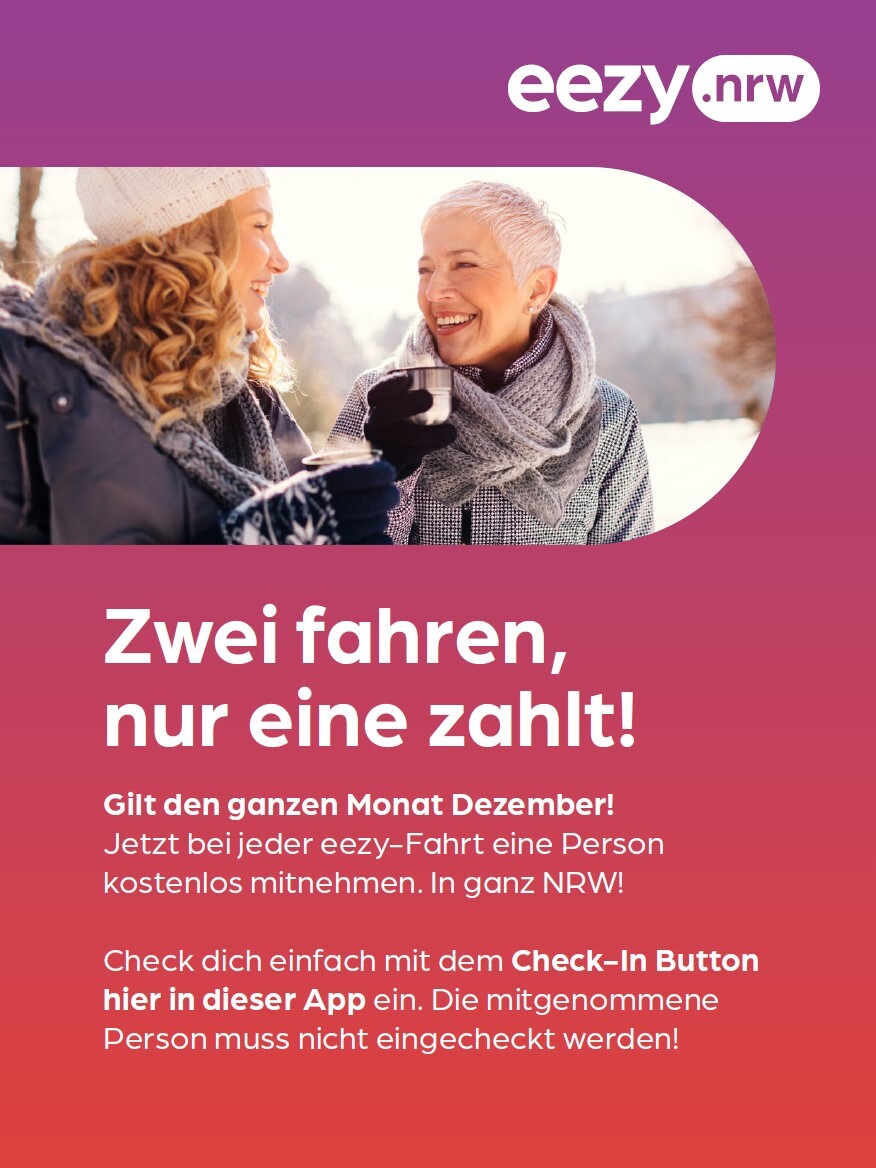 Ein Flyer für eezy mit der Aufschrift: "Zwei fahren, nur eine zahlt!" Ein Flyer für eezy mit der Aufschrift: "Zwei fahren, nur eine zahlt!"