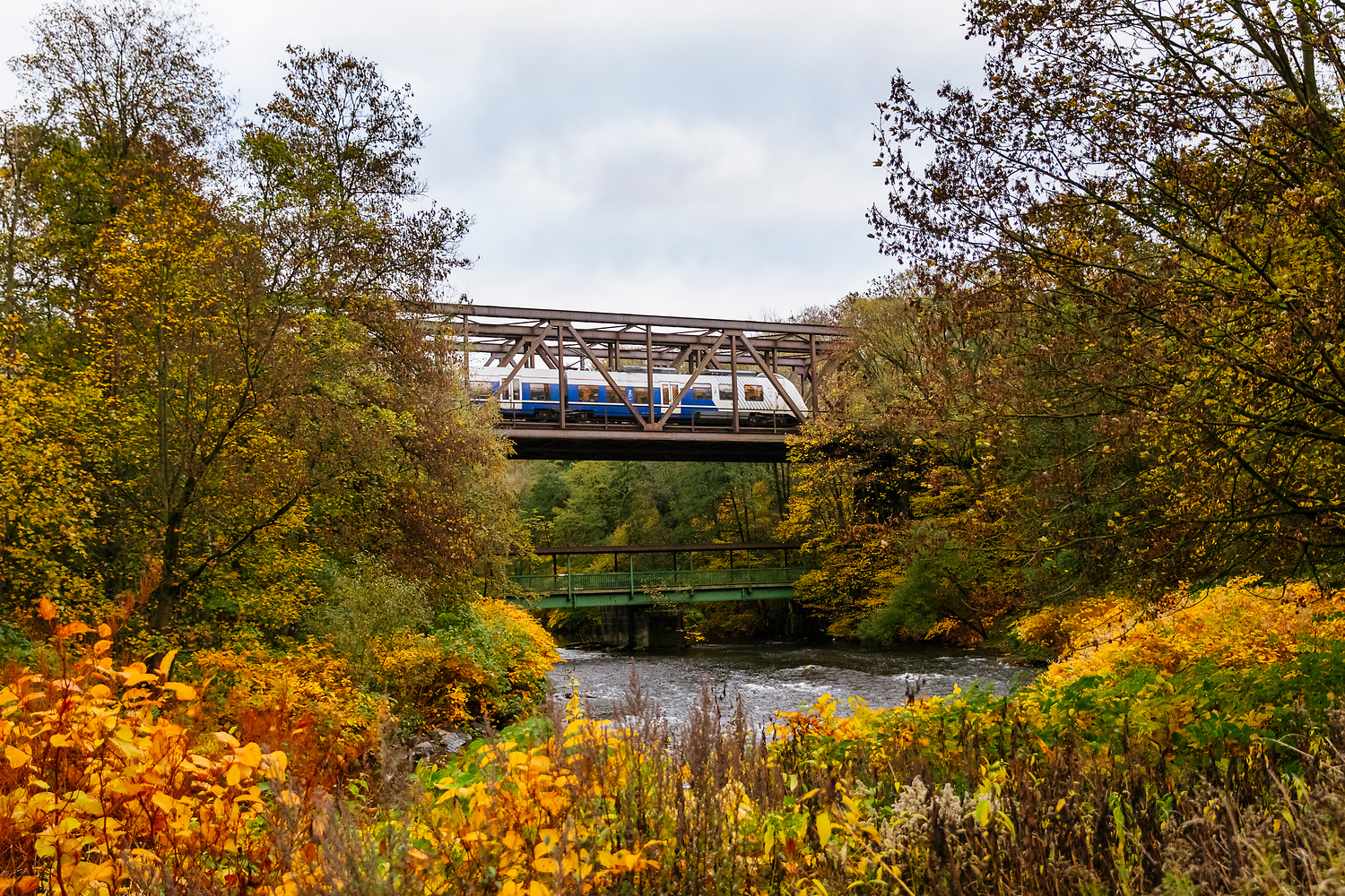Das Bild zeigt einen Zug der RB 48 auf einer Brücke zwischen Leichlingen und Opladen (© go.Rheinland / Smilla Dankert)