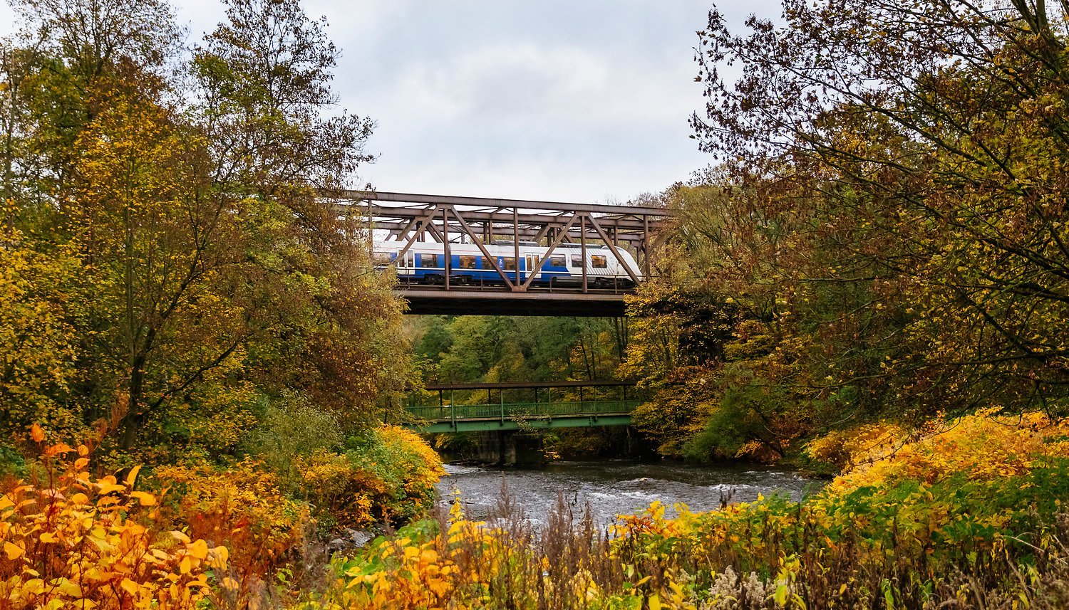 Das Bild zeigt einen Zug der RB 48 auf einer Brücke zwischen Leichlingen und Opladen (© go.Rheinland / Smilla Dankert)