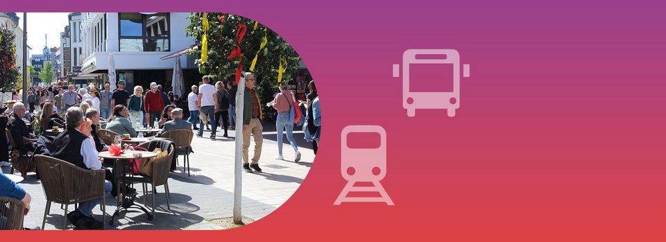 Werbegrafik: Foto von Euskirchener Platz links, Bus- und Bahn-Icons mit eezy-typischem Farbverlauf
