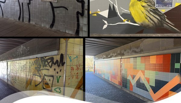 Vorher-Nachher Ansichten von Stationen mit Graffiti