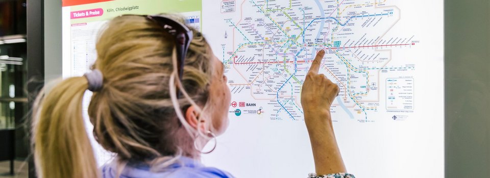 A person looks at a line network map.