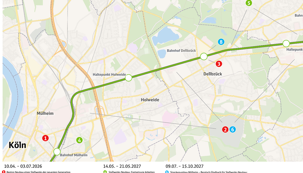 2026 und 2027 sind für die Stellwerksarbeiten mehrere Streckensperrungen zwischen Köln-Mülheim und Bergisch Gladbach notwendig. (© DB AG)