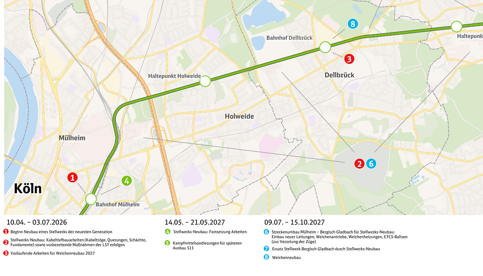 2026 und 2027 sind für die Stellwerksarbeiten mehrere Streckensperrungen zwischen Köln-Mülheim und Bergisch Gladbach notwendig. (© DB AG)
