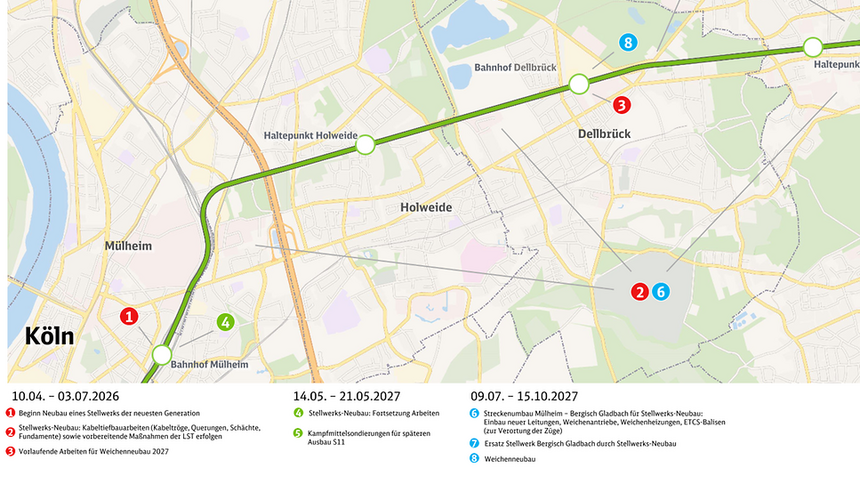 2026 und 2027 sind für die Stellwerksarbeiten mehrere Streckensperrungen zwischen Köln-Mülheim und Bergisch Gladbach notwendig. (© DB AG)