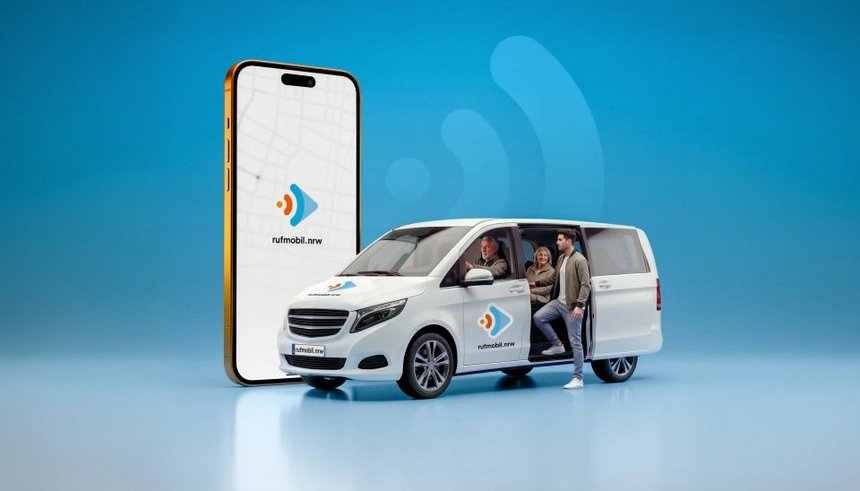 Fahrzeug und App-Ansicht von rufmobil.nrw (Grafik)
