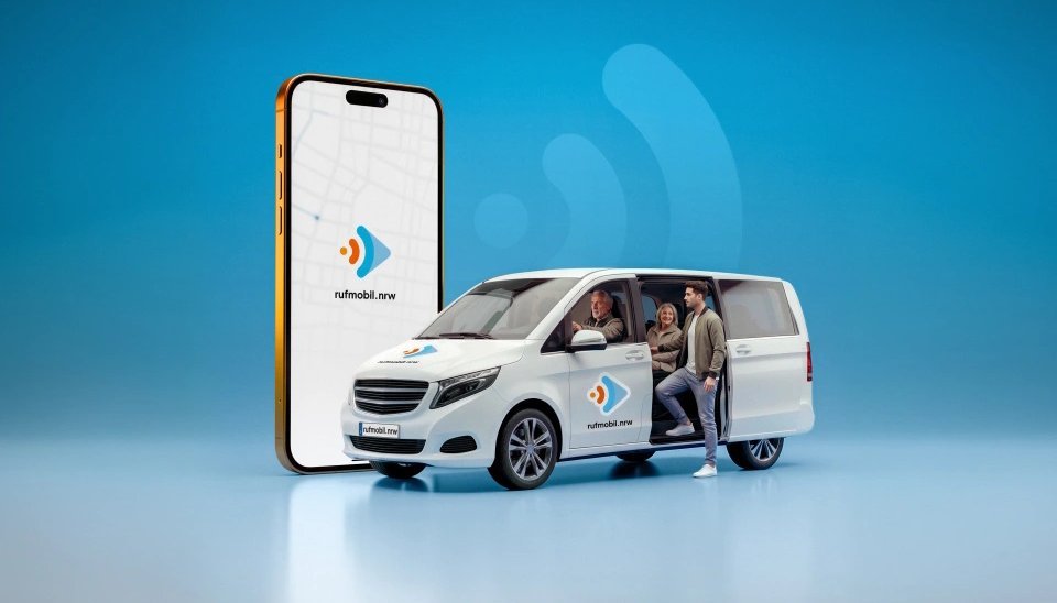 Fahrzeug und App-Ansicht von rufmobil.nrw (Grafik)