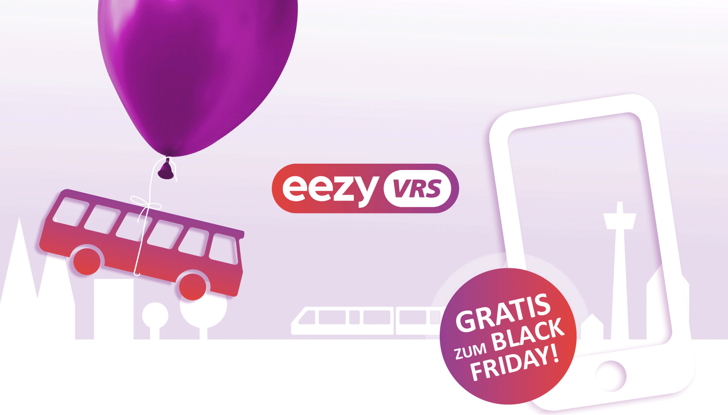 Werbegrafik eezy.nrw im VRS (Bus an einem Luftballon hängend vor Kölner Skyline)