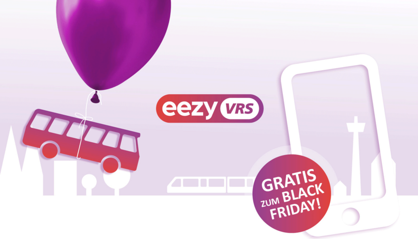 Werbegrafik eezy.nrw im VRS (Bus an einem Luftballon hängend vor Kölner Skyline)