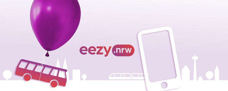 Werbegrafik eezy.nrw im VRS (Bus an einem Luftballon hängend vor Kölner Skyline)