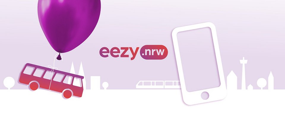 Werbegrafik eezy.nrw im VRS (Bus an einem Luftballon hängend vor Kölner Skyline)